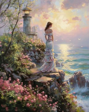  Original Art - Original Garden Oil Painting Gazing lighthouse scenery home decor woman lady